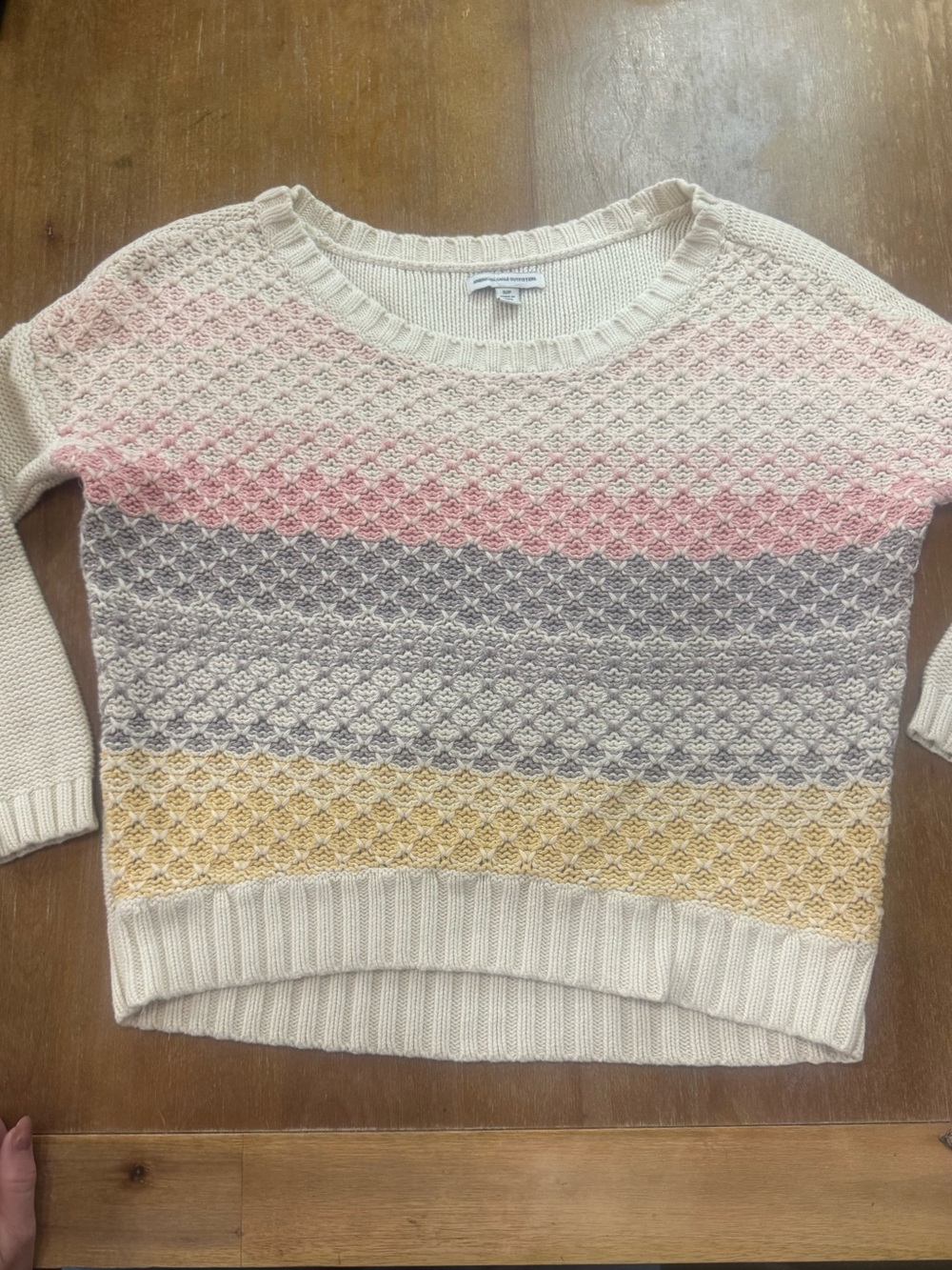 American Eagle Crew Neck Sweater in Cream with Pink, Gray & Yellow Accents